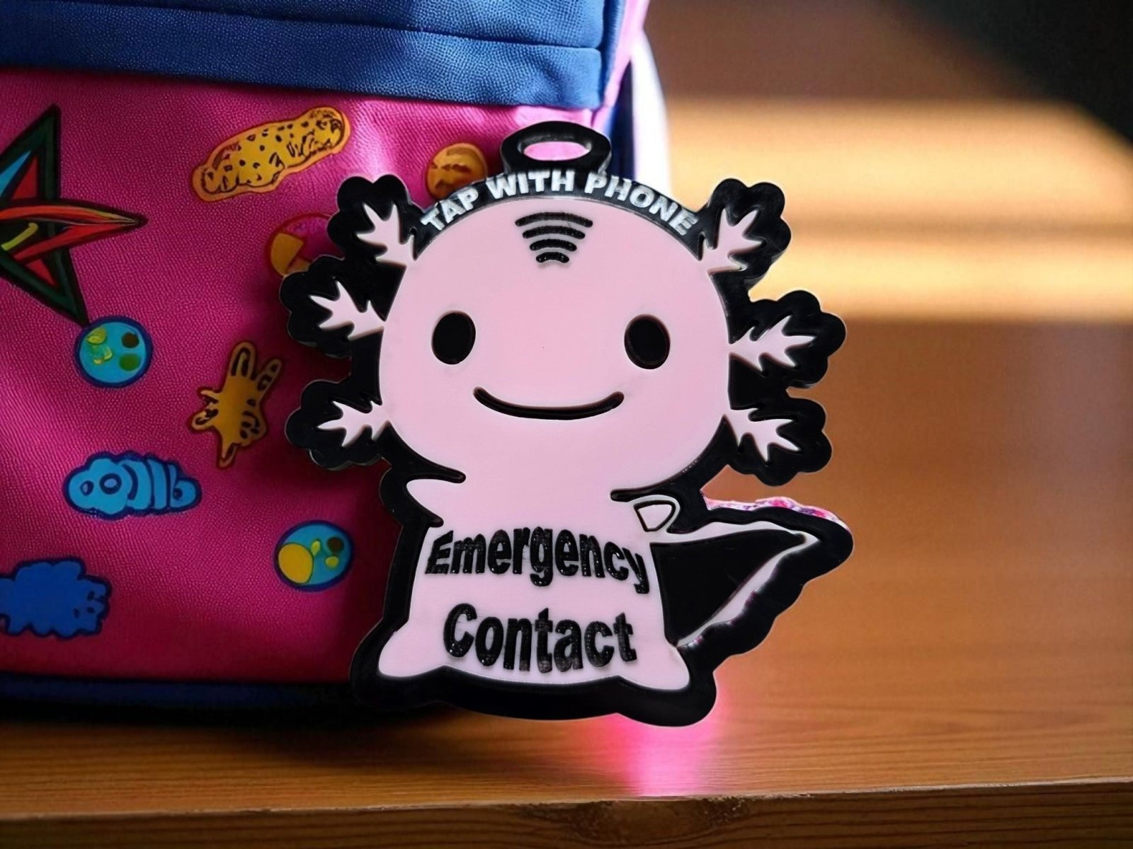 Physical Axolotl Smart Tag | Emergency Contact Backpack Tag | Jones Laser Craft