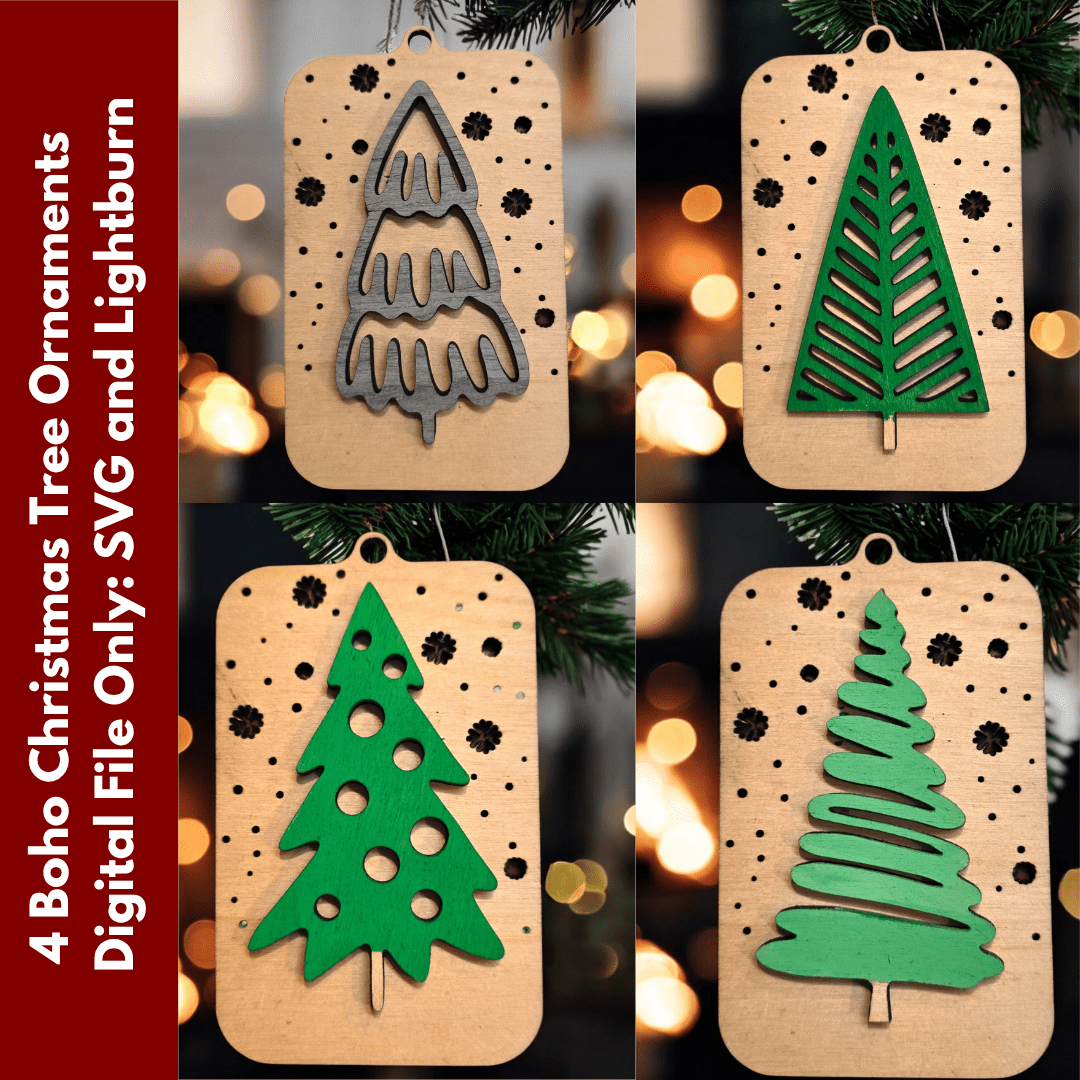 Digital Download Boho Christmas Tree Ornaments: Set of 4 Unique Holiday SVG Designs | Jones Laser Craft