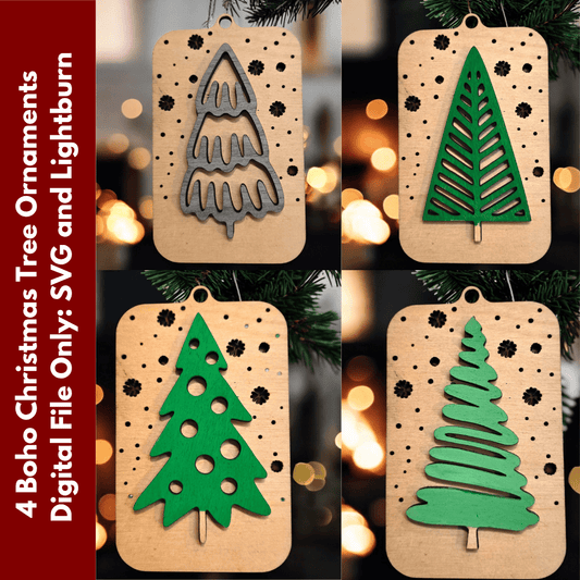 Digital Download Boho Christmas Tree Ornaments: Set of 4 Unique Holiday SVG Designs | Jones Laser Craft