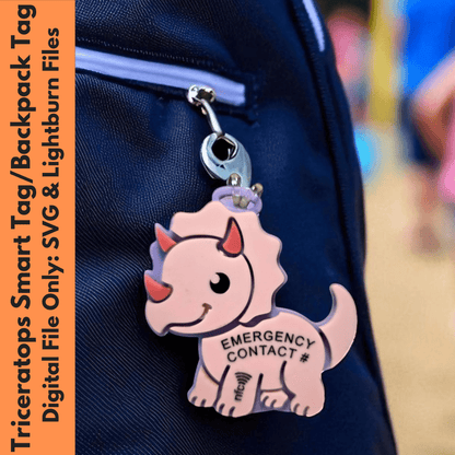 Physical Dinosaur Smart NFC Tag – Emergency Contact Triceratops Backpack ID Tag Digital Download | Jones Laser Craft