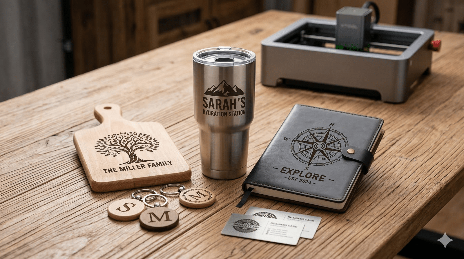 laser engraved and books, cups, and cutting boards laying on a wooden table in front of a laser engraver