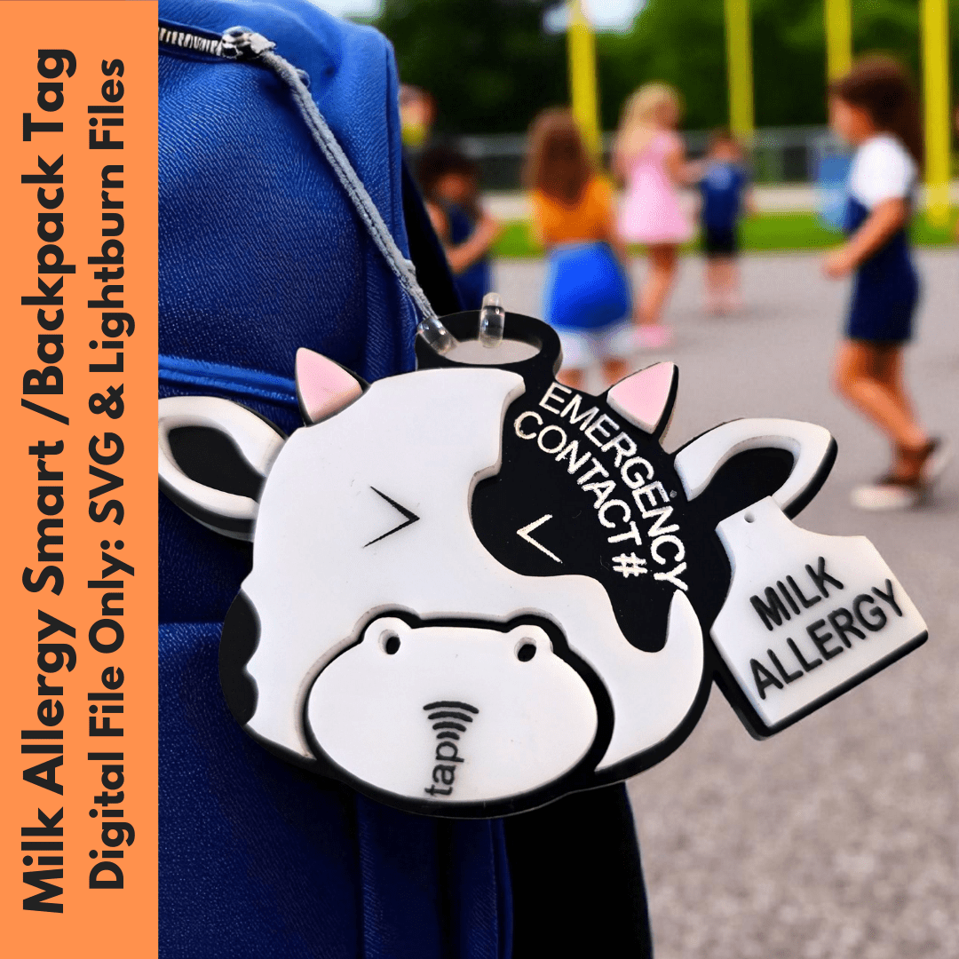 Physical Milk Allergy Allergy Smart Tag Digital File | Emergency Contact Cow Backpack Tag SVG | Jones Laser Craft