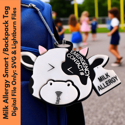 Physical Milk Allergy Allergy Smart Tag Digital File | Emergency Contact Cow Backpack Tag SVG | Jones Laser Craft