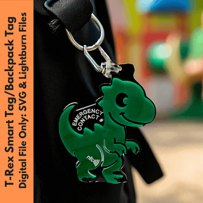 Physical T - Rex Emergency Tag | Dinosaur Backpack Tag SVG - Kids Safety & School ID | Jones Laser Craft