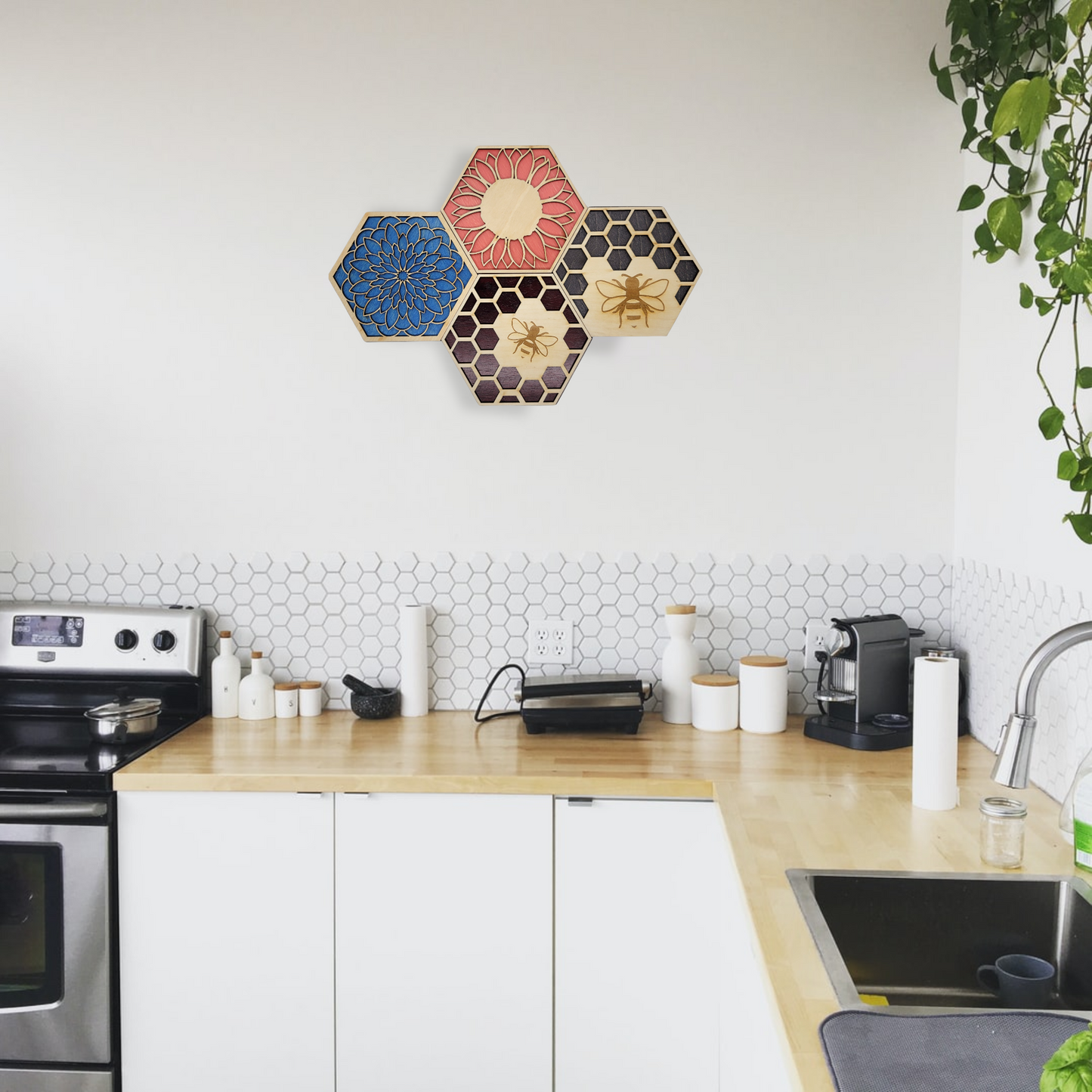 Home Decor Honeybee Wall Tiles - Set of 4 | Jones Laser Craft Personalized Gift
